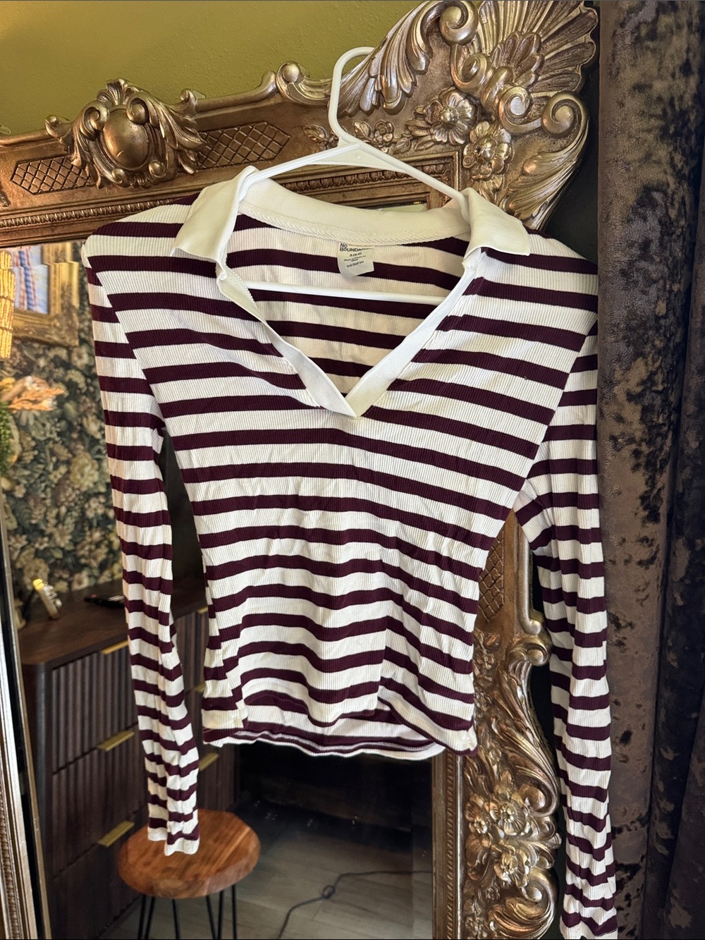 No Boundaries White & Burgundy Striped Long-Sleeve Polo